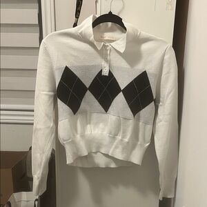 ROMWE Preppy Black & White Cropped Argyle 1/4 Button Up Sweater